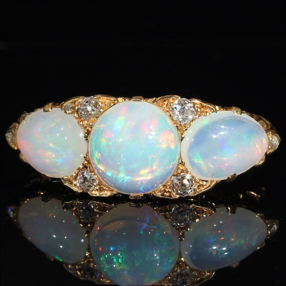 Antique Edwardian 3 Stone Opal and Diamond Ring in