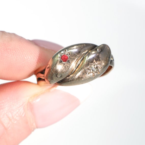 Edwardian Double Snake Ruby Diamond Ring 9k Gold … - image 5