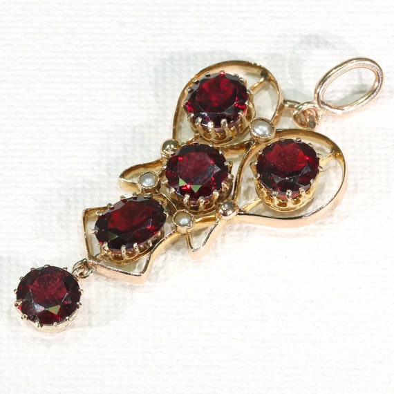 Edwardian Garnet & Pearl Drop Pendant 9K - image 4