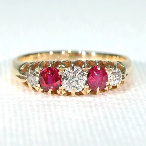 Antique 5 Stone Ruby Diamond Ring Victorian Size 8.5 Etsy