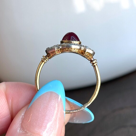 Antique Cabochon Ruby Diamond Ring 18k Gold Plati… - image 8
