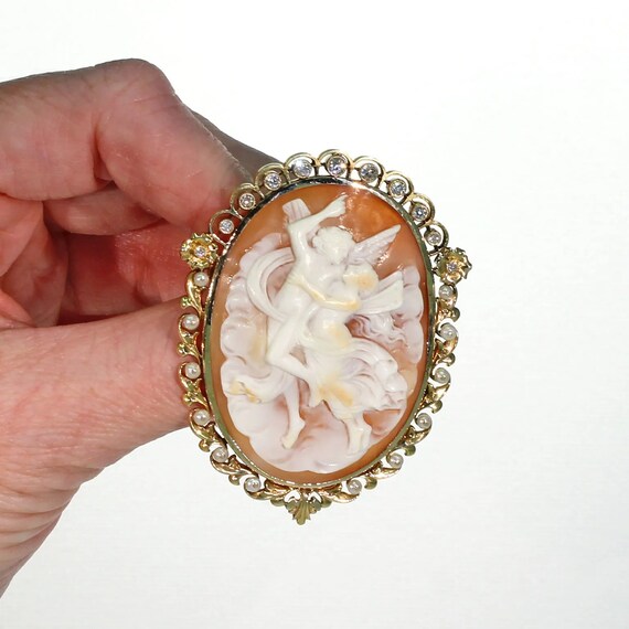 Victorian Cameo Brooch Pin 15k Gold Pearl Diamond… - image 6