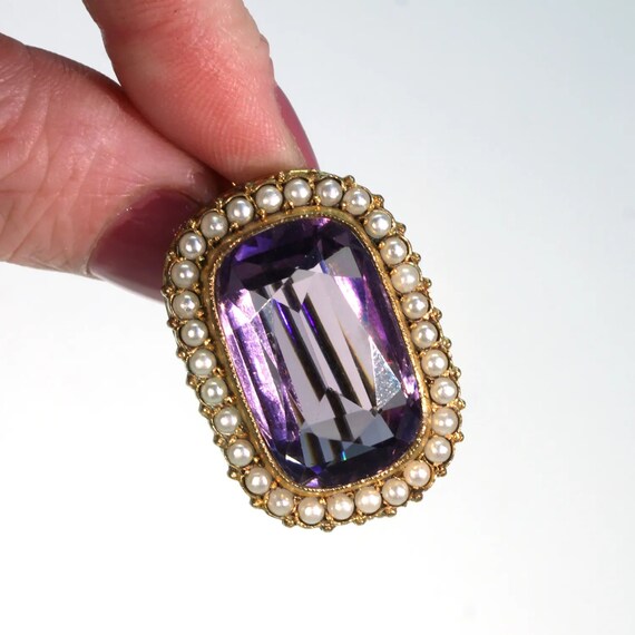 Antique Victorian Amethyst Pearl Brooch Pin Gold - image 6