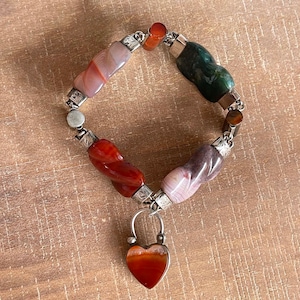Scottish c.1880 Agate Silver Link Bracelet Heart Lock