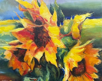 Fire Sunflowers Original Oil Painting