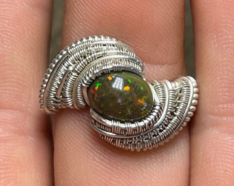 SIZE 8.5 // Black Opal Silver Wire Wrap Ring