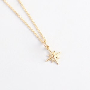 14K Solid Gold Star Necklace, 14K Gold Star Necklace, North Star Gold Necklace, Gold Starburst Necklace, Adjustable Gold Chain 16" to 18"