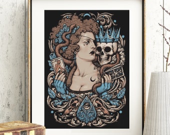 Madame PLANCHETTE ART PRINT DinA4 8x11'' Art baroque vintage ink engraving Halloween Bizarre gothic Skull Tarot OuiJa - Medusa Dollmaker