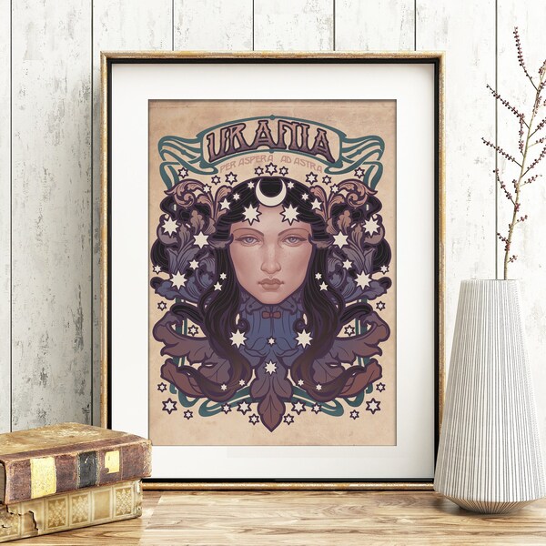 URANIA Art Print 8x11'' - Muse astrology & astronomy Pagan Greek art wall decor DinA4 Per Aspera Ad Astra - Stars moon Wicca Greek