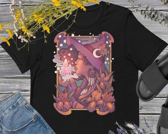 Crystal Witch Camiseta unisex Algodón - Art Nouveau Black Women Medusa Dollmaker Gothic Tee Samhain Halloween Wicca - XS a 5XL - Tallas grandes