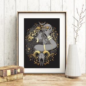 WITCH PRINT 8x11'' DinA4 signed Art Nouveau Pagan Hecate Coven skull H.Q 350g matte couche Wicca Botanical Faux golden Medusa Dollmaker