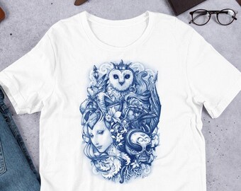 FABLES Camiseta unisex Algodón Cuentos populares Libros de leyenda Cuentos Medusa Dollmaker Art Pencil Tee Owl Elf Magic Forest Fantasy Witch Cottagecore