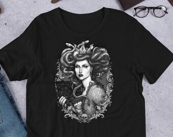 La emperatriz Tarot Camiseta unisex Medusa Cotton Card Oracle Deck Barroco Gótico Horror Tee Samhain Dollmaker Arte original Halloween Griego