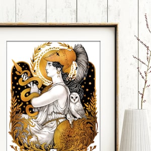 PALLAS ATHENA PRINT 8x11'' - Goddess Pagan Greek art wall decor DinA4 dark signed. Atenea Nouveau Gold H.Q 350g matte couche paper