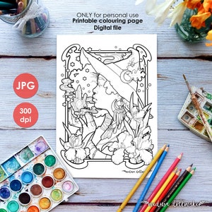 Crystal WITCH COLOURING PAGE Printable jpg Coloring Adults Children Art Nouveau Lineart Halloween witch drawing Painting Medusa Dollmaker
