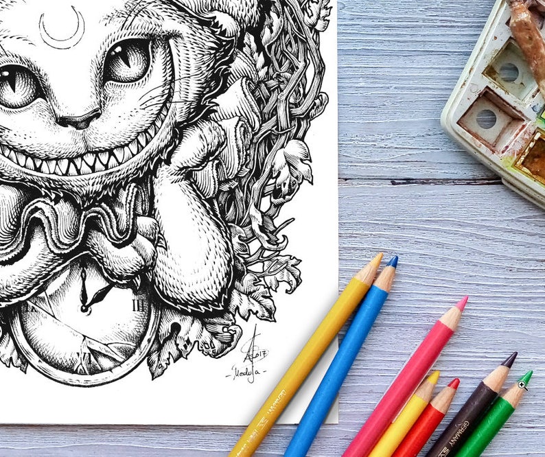 CHESHIRE CAT COLOURING Page Printable Coloring Page Adults | Etsy