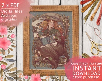 CROSS STITCH Pattern pdf - Folk Witch Art Nouveau 2x Chart digital files counted Magic Victorian Tea Cat Vintage Tale Book Instant Download