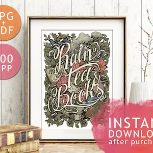 DIGITAL PRINTABLE ART- Rain, Tea & Books Botanical Print + Bonus: Wallpapers + Free coloring page - Lettering Floral Books Medusa Dollmaker