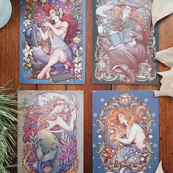 4 POSTCARD Set NOUVEAU Mini PRINTs 4x6'' in DinA6 signed Art nouveau Ginger Redhead Cute Kawaii Games Little Mermaid Witch Medusa Dollmaker