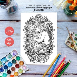 Art NOUVEAU COLOURING PAGE  Printable Coloring Page Adults and Children, Art Nouveau Lineart, Cosmic Lover drawing Painting Medusa Dollmaker