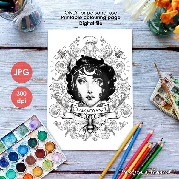 CLAIRVOYANCE COLOURING Page - Filigree occultism Printable Colouring Page Adults, Art Nouveau Lineart vintage witch drawing Medusa Dollmaker