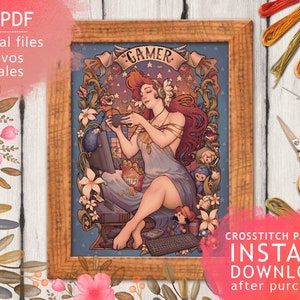 GAMER CROSS STITCH Pattern pdf - Art Nouveau- 2 x pdf Chart digital files - counted cross stitch Videogames Nostalgia Retro Instant Download