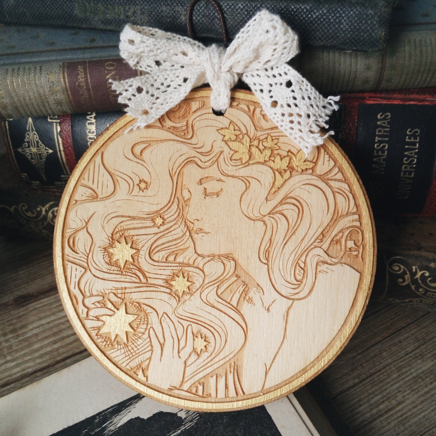 ART NOUVEAU wood ornament 9cm 3 5 Cosmic Lover Etsy