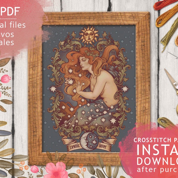 COSMIC Lover CROSS STITCH Pattern pdf - Art Nouveau 2 x pdf Chart digital files counted cross stitch Astronomy Stars Retro Instant Download