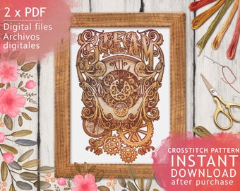 CROSS STITCH Pattern pdf - STEAM punk Art - 2 x pdf Chart archivos digitales - Filigree Cogs Clock Watch Lettering Retro Descarga instantánea