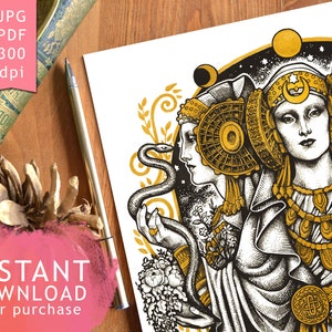 DIGITAL PRINTABLE ART- Hecate Lady of Elche Triple Goddess Nouveau Bonus: Wallpapers + Free coloring page Wall Decor Witch Medusa Dollmaker