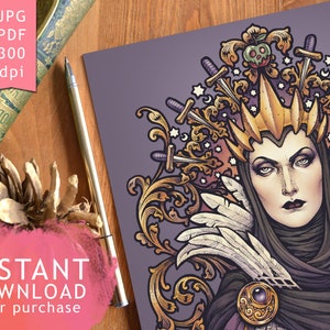 DIGITAL PRINTABLE ART- Evil Queen Snow White + Bonus: Wallpapers + Free coloring page - Bring me her heart Crow Raven Witch Medusa Dollmaker