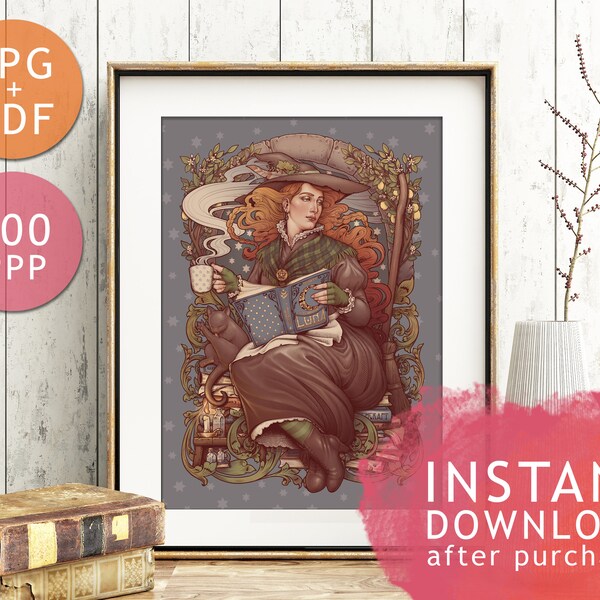 DIGITAL PRINTABLE ART- Folk Witch Nouveau + Bonus: Wallpapers + Free coloring page - Wicca Pagan Victorian Botanical Books Medusa Dollmaker