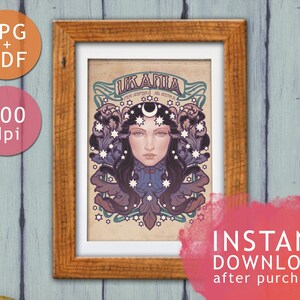 DIGITAL PRINTABLE ART- Urania Nyx Muse Night Goddess Starry Nouveau Bonus: Wallpapers + Free coloring page Wall Decor Witch Medusa Dollmaker