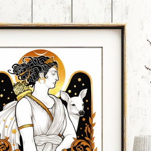 ARTEMIS PRINT 8x11'' - Goddess DIANA Pagan Greek Roman art wall decor DinA4 dark signed. Artemisa Nouveau Gold H.Q 350g matte couche paper