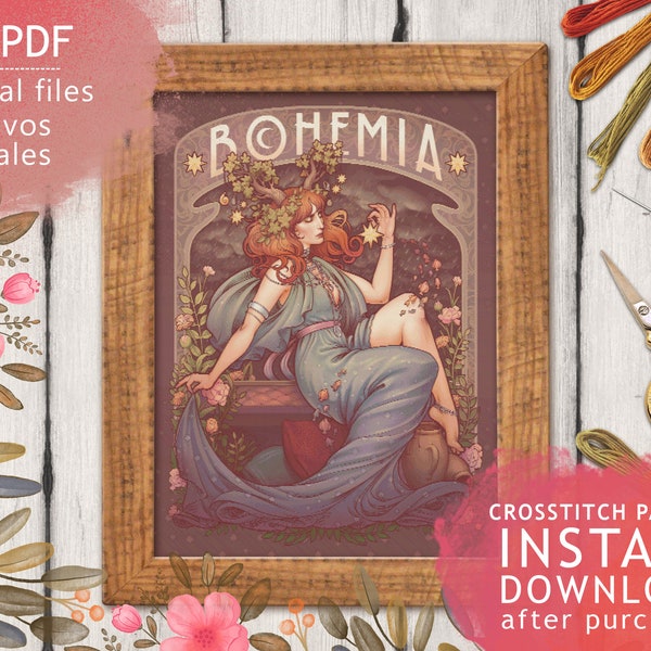 BOHEMIA CROSS STITCH Pattern pdf - Art Nouveau 2 x pdf Chart digital files - counted cross stitch Bohemian Hippy Chic Retro Instant Download