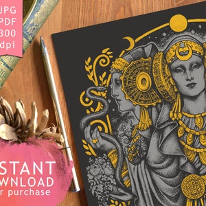 DIGITAL PRINTABLE ART- Hecate Lady of Elche Triple Goddess Nouveau Bonus: Wallpapers + Free coloring page Wall Decor Witch Medusa Dollmaker