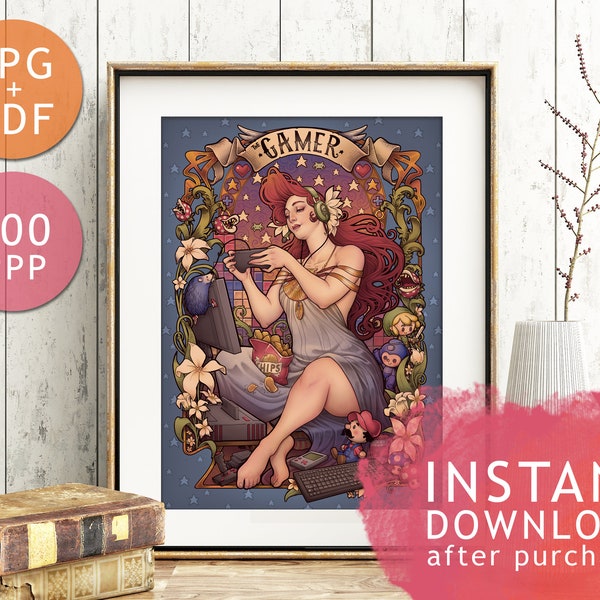 DIGITAL PRINTABLE ART- Gamer Nouveau + Bonus: Wallpapers + Free coloring page - Videogames Nostalgia Playing Games Console Medusa Dollmaker