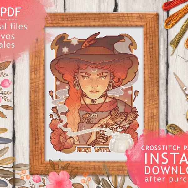 CROSS STITCH PATTERN pdf - Herb Witch - 2 x pdf Chart digital files - counted cross stitch Nature Poppy Floral Cottagecore Instant Download