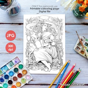 WITCH COLOURING PAGE -  Printable jpg Coloring Page Adults Children, Art Nouveau Lineart, Halloween witch drawing Painting Medusa Dollmaker