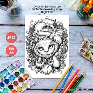 CHESHIRE CAT COLOURING Page - Printable Coloring Page Adults Children Art Nouveau Lineart, Halloween Alice Wonderland Paint Medusa Dollmaker