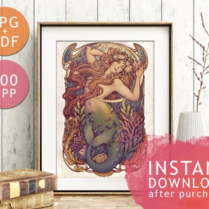 DIGITAL PRINTABLE ART- Little Mermaid Nouveau - Bonus: Wallpapers + Free coloring page - Sea Siren Floral Nimph Stars Moon Medusa Dollmaker