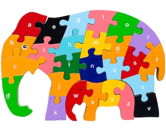 Wood Elephant Puzzle - Handmade Jigsaw Puzzles - Eco-Friendly Gifts - Gifts for 5 year-olds - Lowercase Letter Puzzle - Alphabet Jigsaw