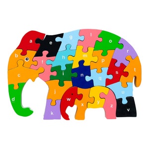 Handmade Wood Elephant Puzzle: Lowercase Alphabet Jigsaw
