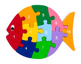 Fish Numbers Puzzle - Wood Puzzles for 1 year olds - Sustainable Baby Toys - Best Wooden Puzzles - Chunky Wooden Puzzles - Pre K Puzzles