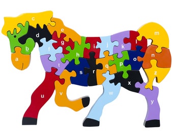 Horse Alphabet Puzzle - Lowercase Letters Puzzle - Educational Jigsaws - Eco Gifts for Children - 3D Horse Puzzle - Wooden Letter Puzzle