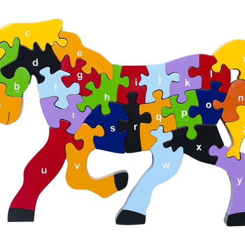 Horse Alphabet Puzzle - Lowercase Letters Puzzle - Educational Jigsaws - Eco Gifts for Children - 3D Horse Puzzle - Wooden Letter Puzzle