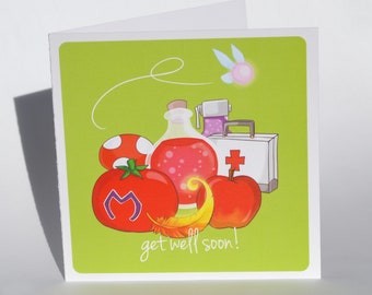 Geeky get well card, Get Well Soon design, cute nerdy videogamer retro game health potion sick best wishes cards