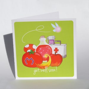 Geeky obtener bien tarjeta, Obtener Bien Pronto diseño, lindo videojuego nerdy retro juego poción enfermo mejores cartas de deseos