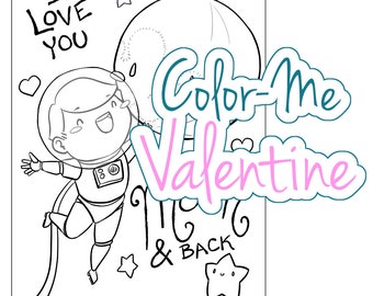 Color-Me Printable Moon and Back Valentine digital space themed colouring cards for kids and adults who are still cool