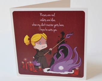 Geeky Anti-Romance Card, Cutie Cultist Cthulu Summoner Design, sweet nerdy creepy romance lovecraftian anti valentine